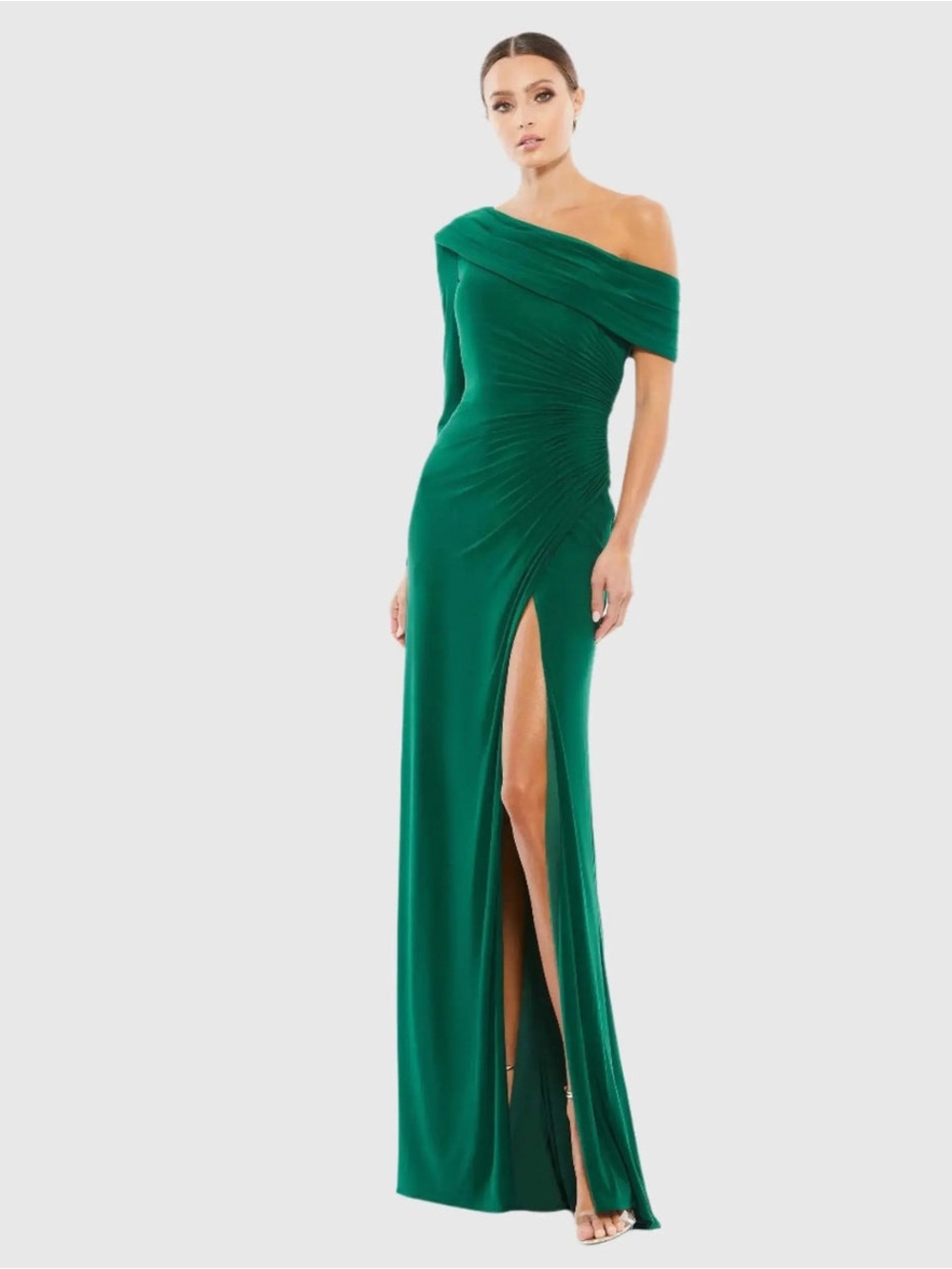 Mac Duggal Green Ruched‎ Jersey Drop Shoulder Foldover Gown